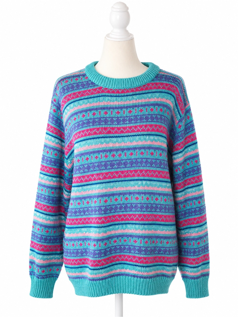 L.L.Bean Vintage Fair Isle Wool Blend Sweater Teal Pink Purple Size Large